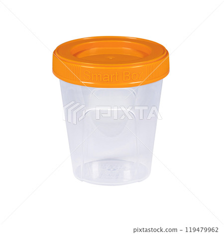 Plastic container for drink food and foodstuffs with plastic cover. Colorful covers on long plastic container cup. Isolated on white background. 119479962
