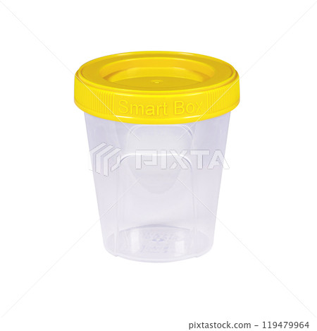 Plastic container for drink food and foodstuffs with plastic cover. Colorful covers on long plastic container cup. Isolated on white background. 119479964
