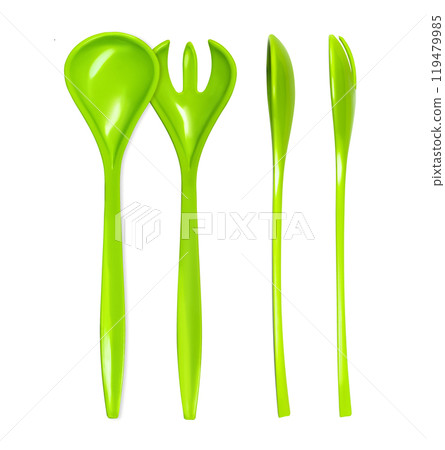 Green fork and spoon isolated on white background. Green colour objects. Eating. Salad set fork and spoon. Kitchenwear. Tablewear. Simplicity. Product design. Comfort. Kitchen utensil 119479985