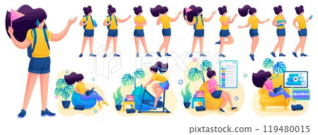 Young girl in various poses and actions, communication, work, training. 2D flat character vector illustration N6 119480015