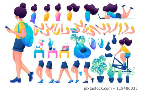 Constructor for creating a Young Girl. Create your own beautiful girl character with a Set of hands and feet. Flat 2D vector illustration N7 119480035