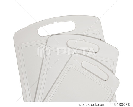Chopping plastic cutting board set of three on white background. cutting board utensil 119480078