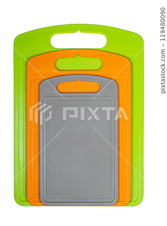 Chopping cutting board set on white background. Cutting boards plastic isolated set of three Chopping cutting board set on white background. Cutting boards plastic isolated set of three 119480090