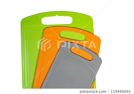 Chopping cutting board set on white background. Cutting boards plastic isolated set of three 119480091
