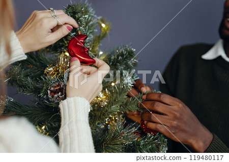 Decorating Christmas Tree with Ornaments and Lights Decorating Christmas Tree with Ornaments and Lights 119480117