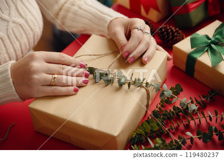 Wrapping Gift Box with Natural Decorations Wrapping Gift Box with Natural Decorations 119480237