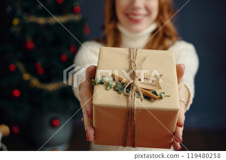 Presenting Gift While Smiling Near Christmas Tree 119480258