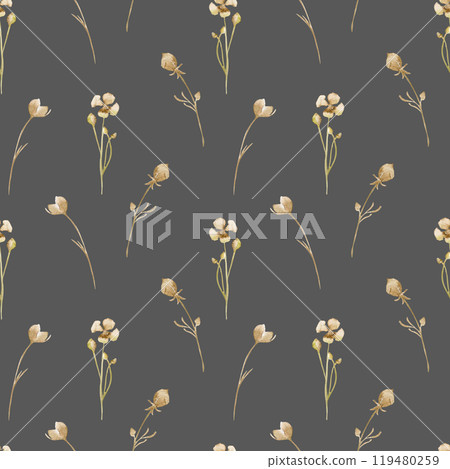 Vertical light flowers herbs watercolor beige seamless pattern isolated. Simple botanical pattern in natural sand tones. Little buds leaves stems hand drawn on repeated background for design textile. 119480259