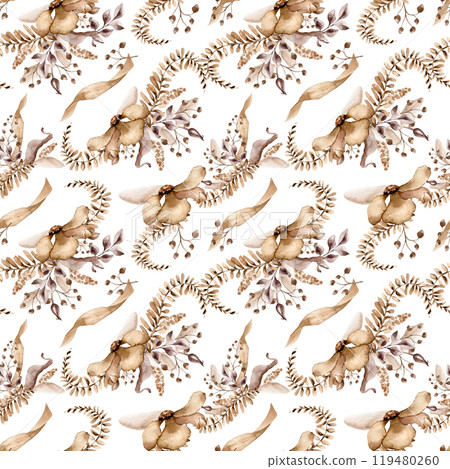 Palm leaves, abstract flowers and stems in sepia colors on seamless background. Pattern with flowers monochrome in watercolor brown color. Fantasy branches hand drawn. Design for textile, package 119480260