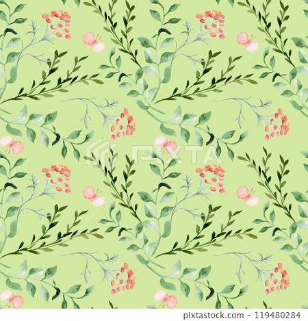 Simple floral pattern green pink colors. Watercolor abstract flowers and leaves on seamless background hand drawn isolated. Gentle butterflies and plants elements for design home textile, wallpaper. Simple floral pattern green pink colors. Watercolor abstract flowers and leaves on seamless background hand drawn isolated. Gentle butterflies and plants elements for design home textile, wallpaper. 119480284