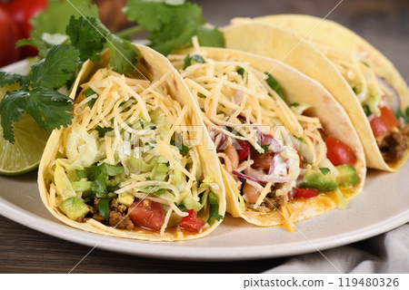 Beef and avocado tacos Beef and avocado tacos 119480326