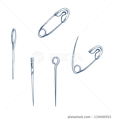 Safety pins, embroidery stitching needlecraft metal needles. Hand drawn ink vector illustration sewing craft supplies. Set of objects isolated on white background. Design atelier, tailor, hobby shop 119480501