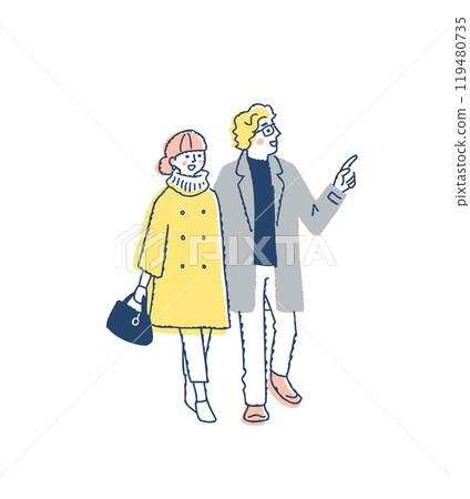 穿著冬衣的年輕夫妻並肩行走 119480735