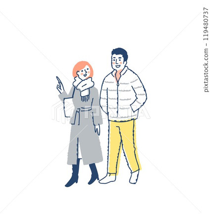 Couple in winter clothes walking side by side 119480737