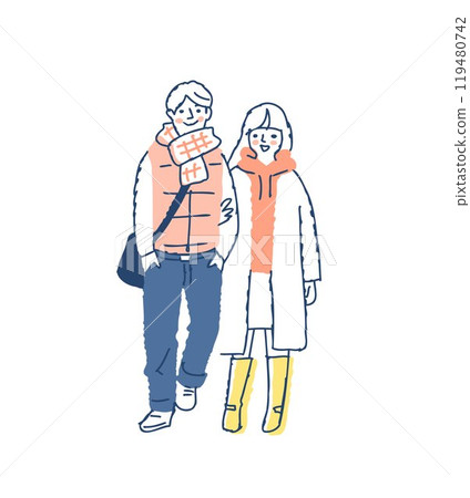 穿著冬衣的年輕夫妻並肩行走 穿著冬衣的年輕夫妻並肩行走 119480742
