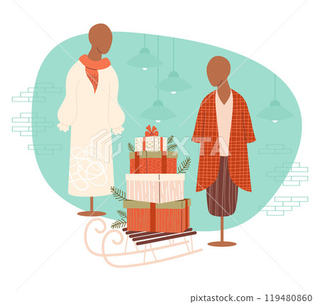 Christmas store interior. New Year mannequins with female clothes and sleighs with gift boxes and tree branches. Holiday concept shopping for gifts, festive dummy. Vector illustration Christmas store interior. New Year mannequins with female clothes and sleighs with gift boxes and tree branches. Holiday concept shopping for gifts, festive dummy. Vector illustration 119480860