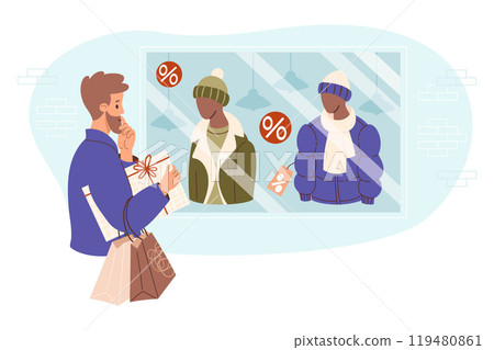 Bearded pensive man with gift packages looks at store window with mannequins in winter male clothing. Holiday sale, buyer concept, shopping for gifts and seasonal clothes. Vector illustration. Bearded pensive man with gift packages looks at store window with mannequins in winter male clothing. Holiday sale, buyer concept, shopping for gifts and seasonal clothes. Vector illustration. 119480861