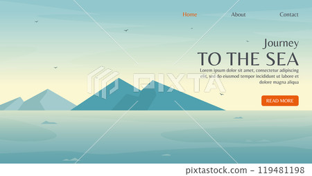 Summer seascape Mediterranean landscape banner. Travel agency illustration in vintage style 119481198