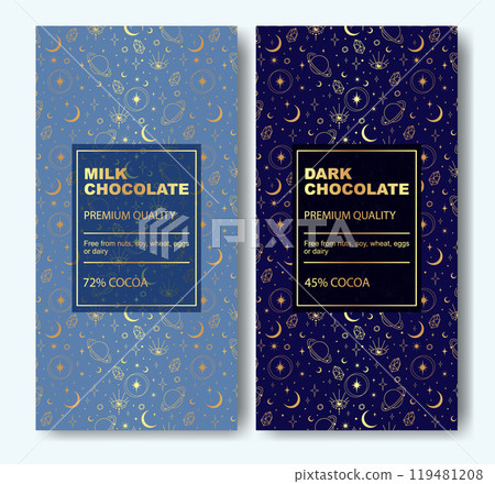 Organic dark and milk chocolate bar design. Modern typography and hand drawn cosmic sketch Organic dark and milk chocolate bar design. Modern typography and hand drawn cosmic sketch 119481208
