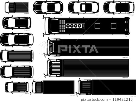 Set of silhouettes of various car models seen from above Set of silhouettes of various car models seen from above 119481213