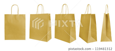 Various perspectives of yellow recycled paper shopping bags isolated on white background Various perspectives of yellow recycled paper shopping bags isolated on white background 119481312