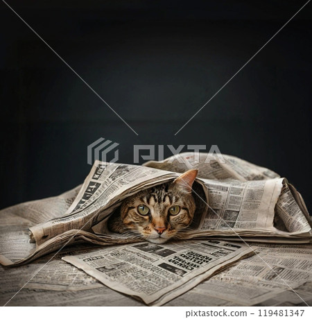 Brown tabby cat playing with newspaper 119481347