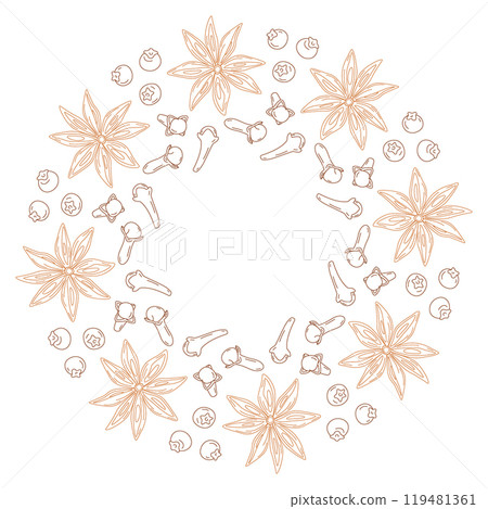 Star anise, cloves and allspice Round frame border idea Copyspace. Hand drawn spices for mulled wine Star anise, cloves and allspice Round frame border idea Copyspace. Hand drawn spices for mulled wine 119481361