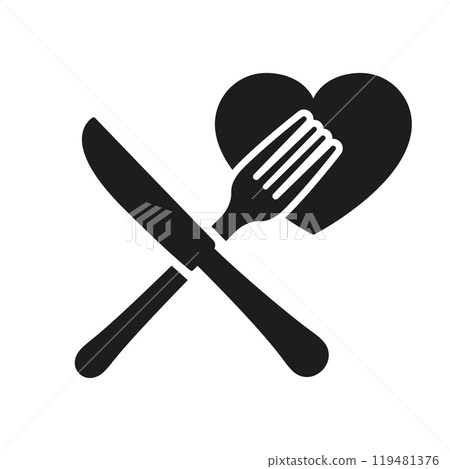 Fork And Knife With Heart Silhouette Icon, Love Healthy Food And Dining. Organic Nutrition, Meal Enjoyment, Wellness Concept. Isolated Vector Illustration 119481376