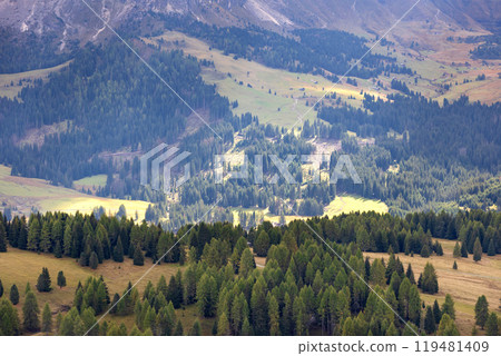 Alpe di Siusi, Italy aerial panorama, Dolomites Alpe di Siusi, Italy aerial panorama, Dolomites 119481409