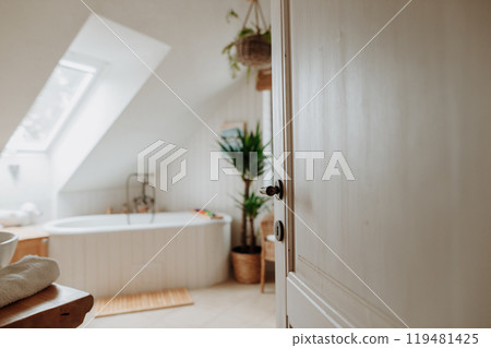 Modern attic bathroom with a bathtub and water toys. 119481425
