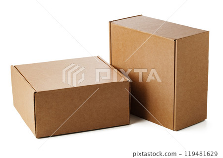 Two brown cardboard boxes stacked together on a plain surface Two brown cardboard boxes stacked together on a plain surface 119481629