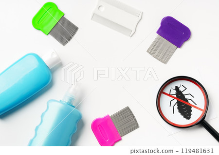 Tools for inspecting and treating lice infestations at home with a magnifying glass and a comb Tools for inspecting and treating lice infestations at home with a magnifying glass and a comb 119481631