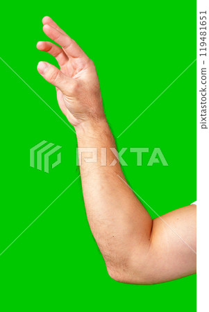 human arm gesturing with raised fingers against a bright green backdrop 119481651