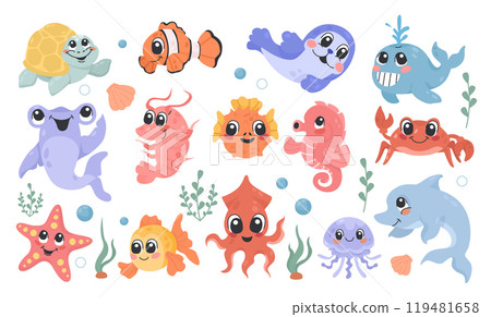 Cartoon sea characters, ocean inhabitants, isolated on white background Cartoon sea characters, ocean inhabitants, isolated on white background 119481658