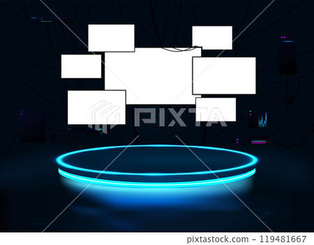 Futuristic, dark 3D cyberpunk studio with neon round platform, monitors and screens 119481667