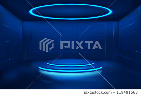 Futuristic 3D studio with an empty podium, a round neon lamp 119481668