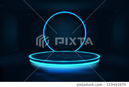 Futuristic room with circle neon podium and a round neon lamp Futuristic room with circle neon podium and a round neon lamp 119481670