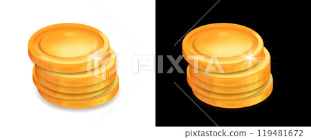 A stack of shiny gold coins with a reflective surface, rendered in 3D cartoon realistic style A stack of shiny gold coins with a reflective surface, rendered in 3D cartoon realistic style 119481672