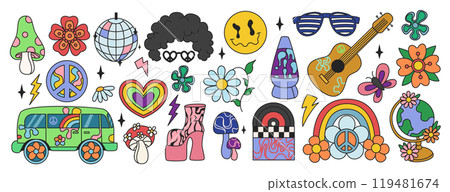 Retro positive vibe 70s, Carton graphic set, aesthetic and symbols 70s. Groovy vibe stickers Retro positive vibe 70s, Carton graphic set, aesthetic and symbols 70s. Groovy vibe stickers 119481674