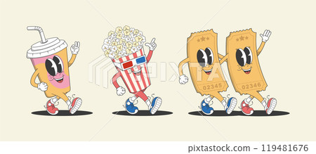 Funny cartoon characters on a cinema theme in groovy style Funny cartoon characters on a cinema theme in groovy style 119481676