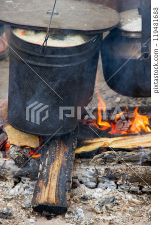 soup on camping fire 119481688
