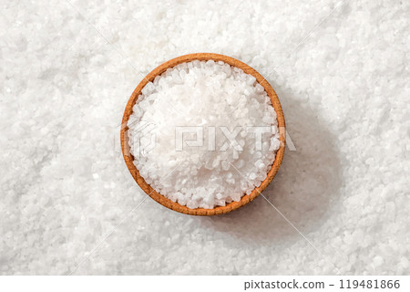 Bowl of white salt on salt background. Coarse sea salt, top view Bowl of white salt on salt background. Coarse sea salt, top view 119481866