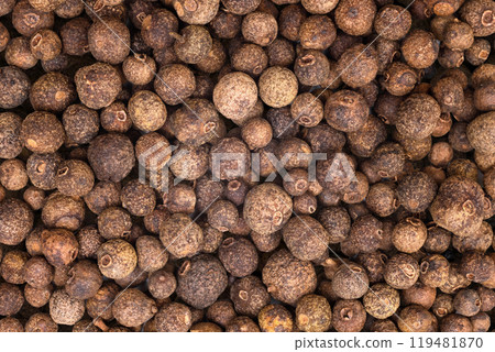 Black peppercorns as a background. Dry black pepper seeds. Top view Black peppercorns as a background. Dry black pepper seeds. Top view 119481870