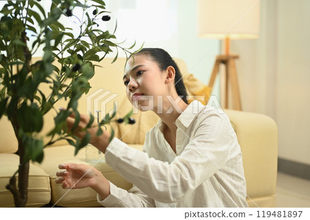 Young woman examining a potted plant in a living room. Home gardening and mindfulness concept Young woman examining a potted plant in a living room. Home gardening and mindfulness concept 119481897