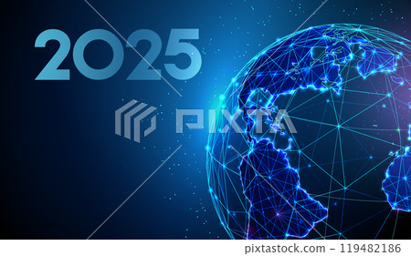 Abstract Happy 2025 New Year greeting card with planet. Low poly technology design. 119482186