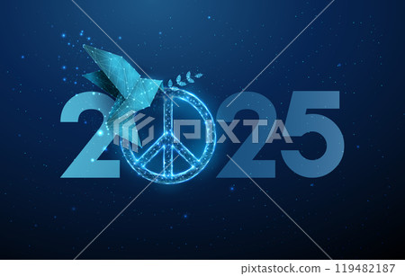 Abstract 2025 New Year greeting card with paper origami bird with olive branch and peace sign. Low poly style design. 119482187