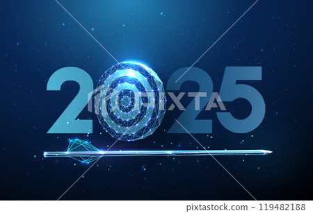 Abstract Happy 2025 New Year greeting card with arrow and darts board. Low poly technology design. 119482188