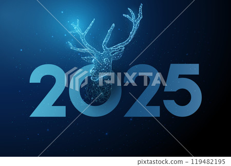 Abstract blue deer and number 2025. Low poly technology style design. Abstract blue deer and number 2025. Low poly technology style design. 119482195