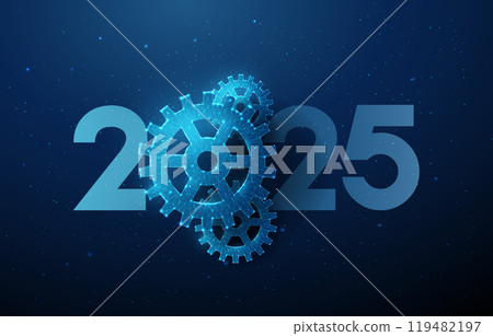 Abstract Happy 2025 New Year greeting card with cogwheels. 119482197