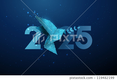 Abstract Happy 2025 New Year greeting card with paper origami bird with olive branch. Low poly style design 119482199